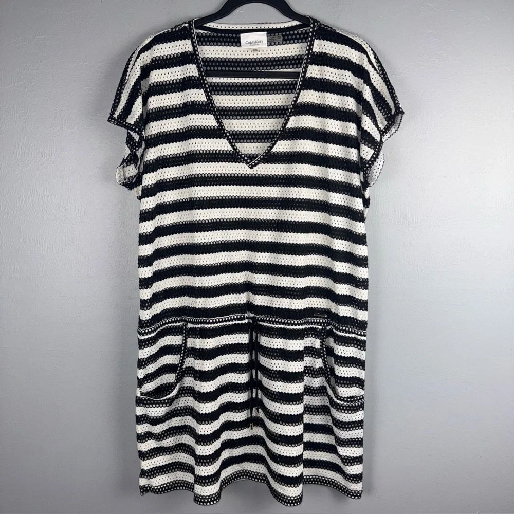 Calvin Klein Swim Cover-Up Women’s‎ Large/XL Mesh White & Black Striped Pockets